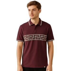 Luxury Casa Burgundy Polo Shirt with Gold Greek Key Pattern Men's M NWT